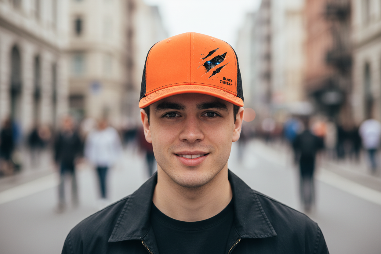 Orange baseball cap with black cheetah design on a white background