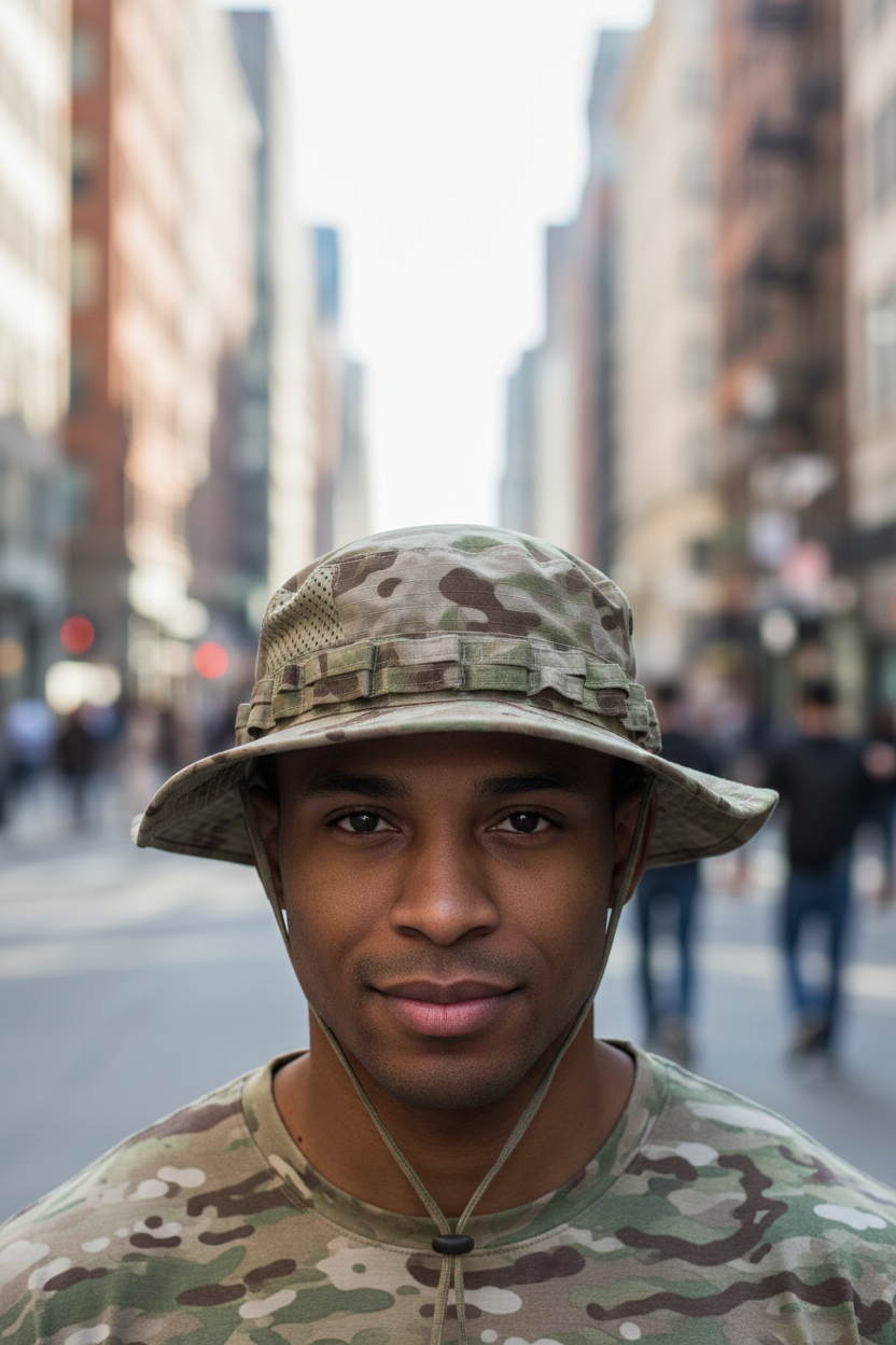 Camouflage bucket hat on a white background
