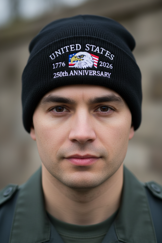 Black beanie with 'United States 1776-2026 250th Anniversary' embroidery on a white background
