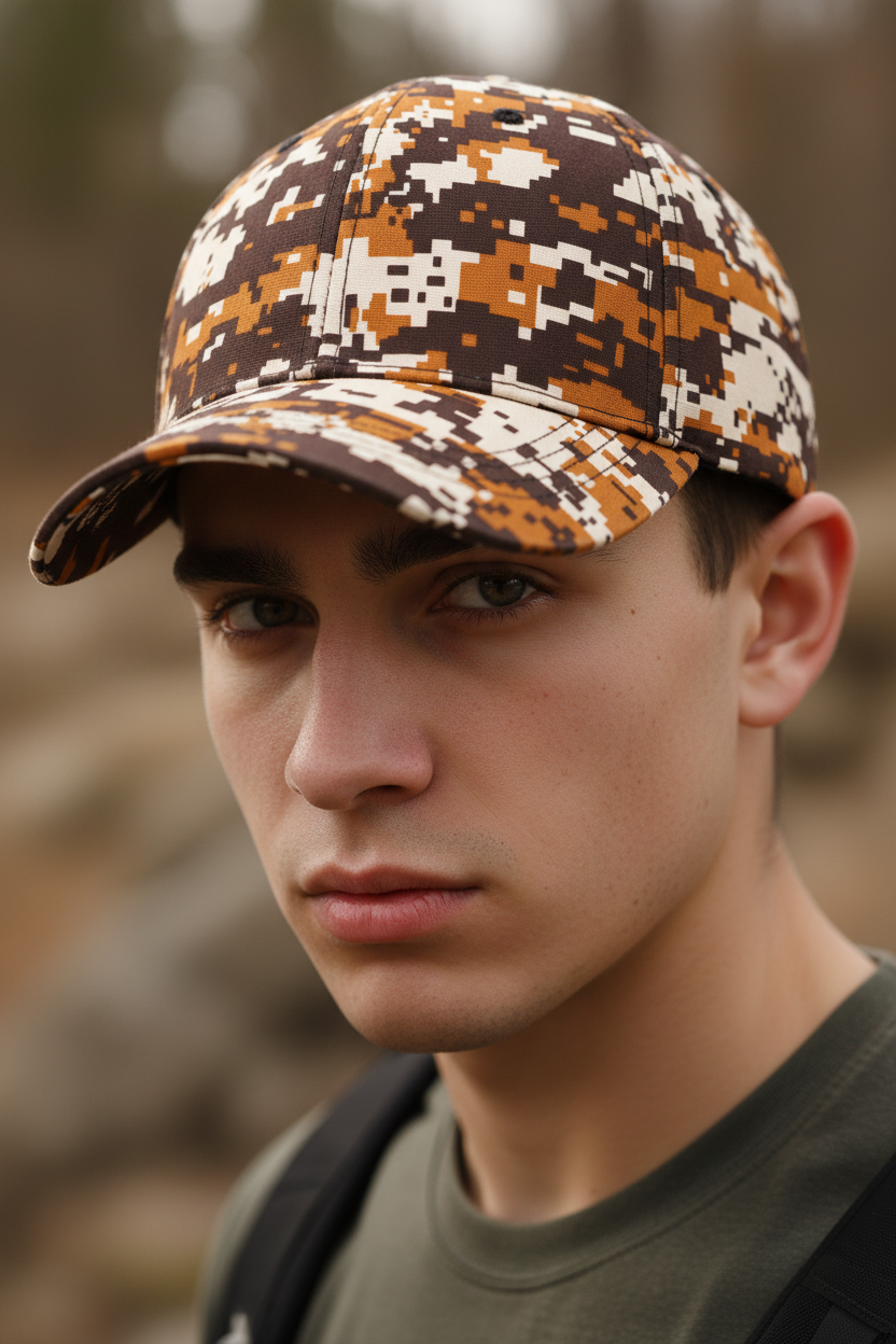 Two 'Korean Women's Casual Caps with Digital Grid Printing' in multicolored camouflage patterns.