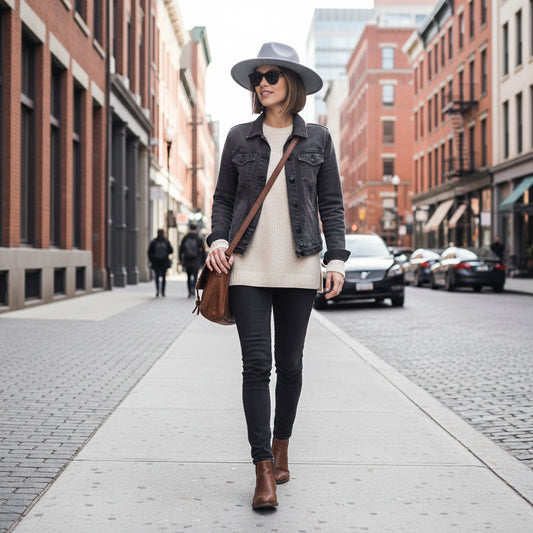 Light blue fedora hat with a brown leather band on a white background