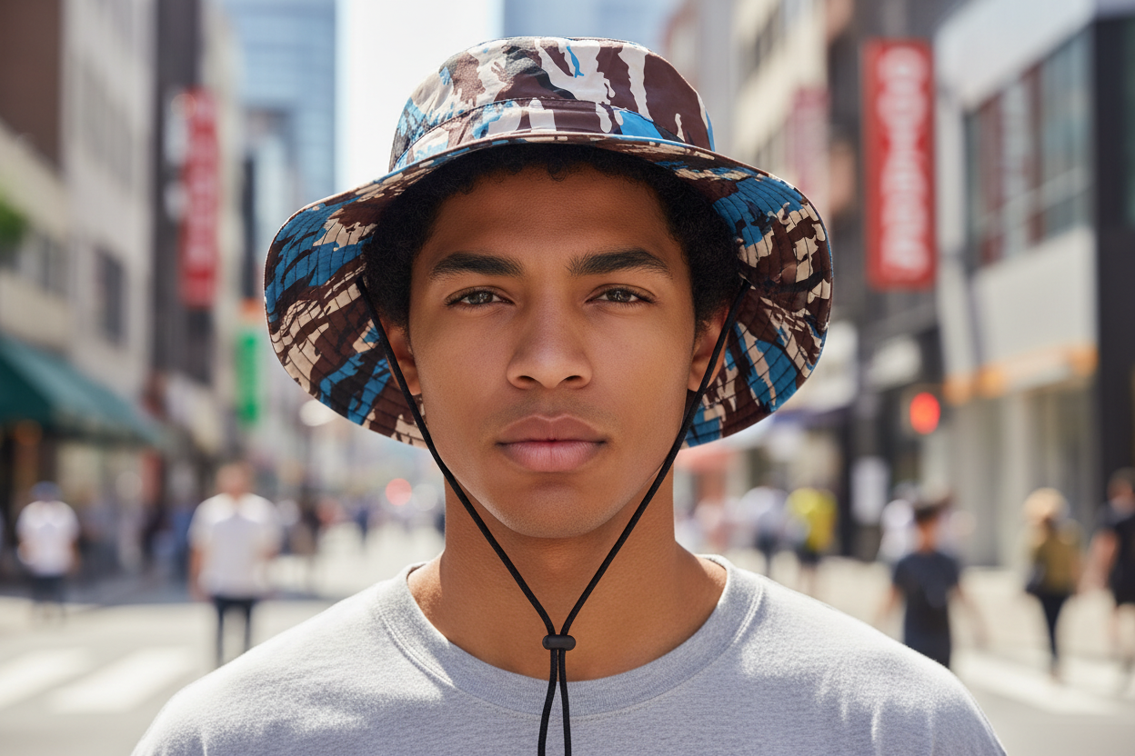 Bucket hat with camouflage pattern on a white background