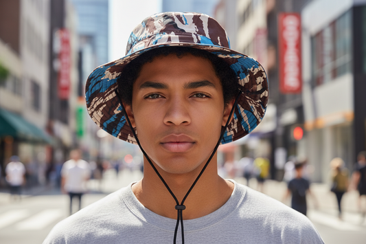 Bucket hat with camouflage pattern on a white background