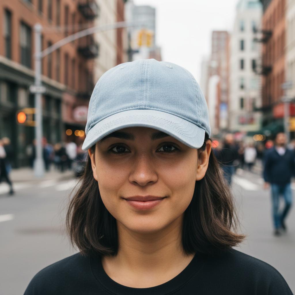 Light blue denim cap with a tag on a white background