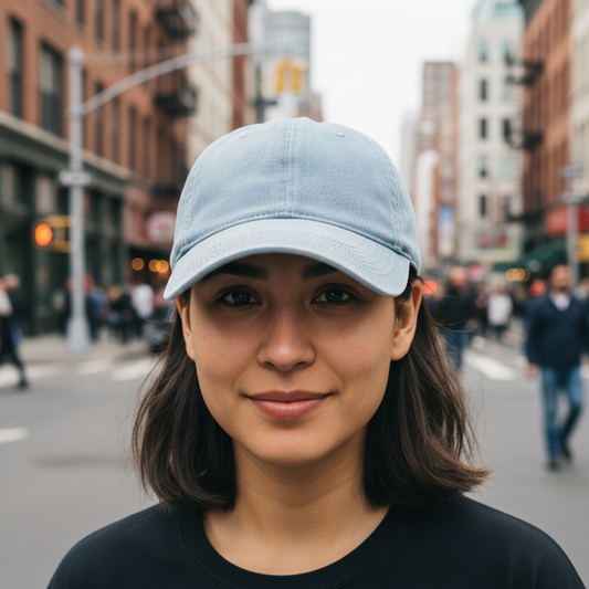 Light blue denim cap with a tag on a white background